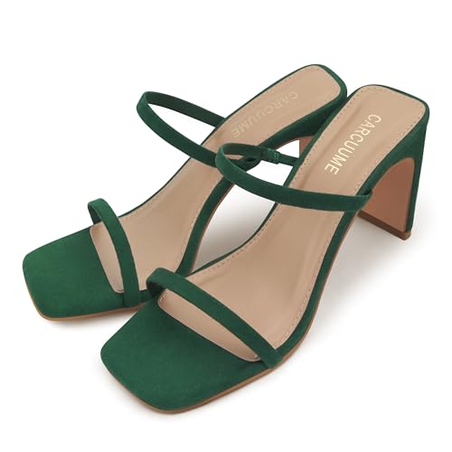 Image of Carcuume Women's Square Toe Two Strap Open Toe Block Heels Sandals Slip On Shoes