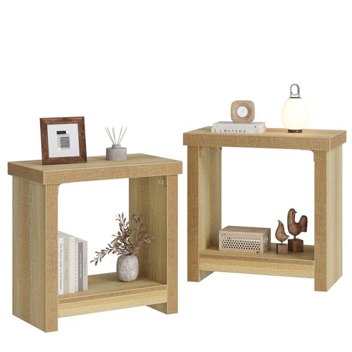 End Tables Set of 2 for Living Room Narrow Side Tables with Storage Shelves Square End Table for Bedroom Slim Nightstand Skinny Rectangle Accent Table Farmhouse Bedside Table Natural (2 Pieces)