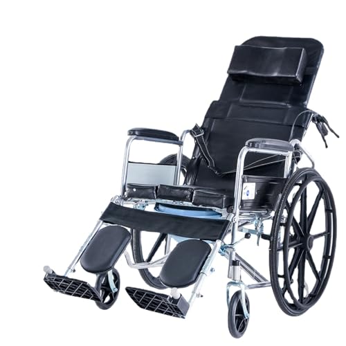 車椅子折りたたみ、軽量でポータブル、超軽量、高齢者旅行のための多機能車椅子、障害者のための特別な交通手段 (【車輪一体型油圧フルリクライニング】防水レザートイレ)