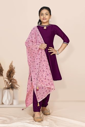 Image of Fashion Dream Girl's Chinnon Fabric Kurta Pant And Dupatta Set (Wine 5-6 Year)
