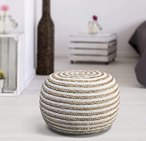 Image of Cotton Dori Ottoman Pouf for Seating|Cotton Dori Pouffe for Footrest Filled with Bean Balls|Ottoman Pouf Stools for Living Roombedroom, 20D x 15W x 20H Centimeters Beige