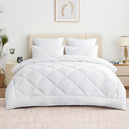 Aisbo Couette Blanche 200x220 Tempéré Douceur - Couette 2 Personnes 300g/m² Microfibre Douce, Couette 4 Saison 200 x 220 Matelassée Losangée avec 8 Bandes...