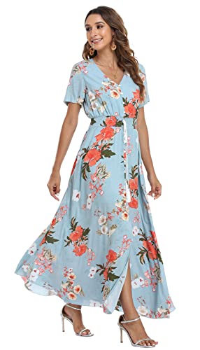 Image of VintageClothing Women's Floral Maxi Dresses Boho Button Up Split Summer Casual Long Dress Beach Party Dress