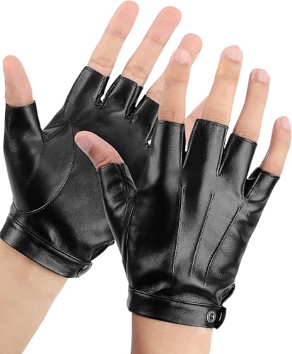 KEMIMOTO Fingerless Driving Gloves PU Faux Leather Outdoor Sport Half Finger Glove for Men Women Teens, Black, Medium
