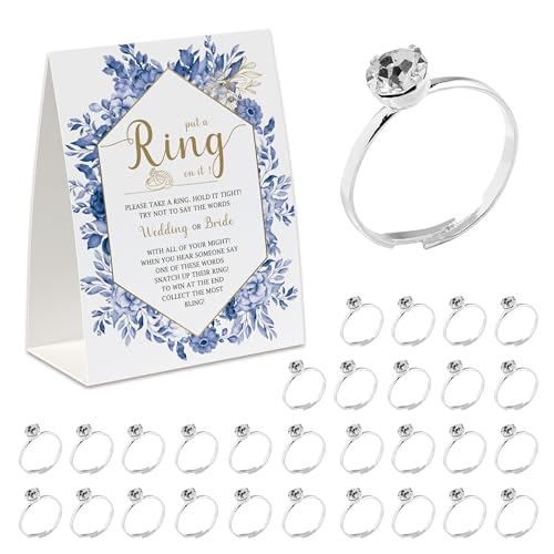 UHADRE Put A Ring on It Game(50 Rings with One Sign), Don't Say Wedding or Bride Game, Fun Bridal Shower Games, Bridal Shower Decorations Geometric Frame Blue Floral-JZDS06