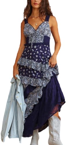 Image of Y2k Patchwork Floral Maxi Dress Boho Flowy Ruffle Tiered Summer Dress Cute Beach Smocked Long Sundresses for Women