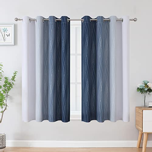 Estelar Textiler Full Room Darkening Greyish White and Navy Blue Blackout Curtains 54 Inch Length 2 Panels Set,Ombre Thermal Insulated Full Light Blocking Grommet Blackout Drapes for Kitchen,52Wx54L