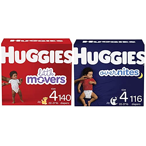 Baby Diapers Bundle: Huggies Little Movers Size 4, 140ct & Overnites Nighttime Diapers Size 4, 116ct