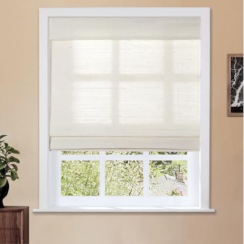 Image of TWOPAGES Natural Cordless Roman Blind Ramie Roman Shade for Windows Customized No Drill Light Filtering Blackout Roman Window Shade, 1 Piece, Rattan White