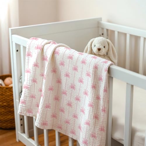 Image of SANDJEST Pink Bow Minky Muslin & Dotted Blanket 30x40 in Gift for Holiday, Gender Reveal Party, Hospital Visit, Baptism
