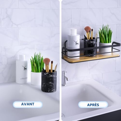 Rangement de douche noir mat et bois de bambou au design épuré - 6