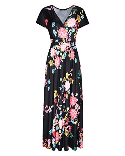 OUGES - Vestido Largo con Bolsillo para Mujer, Manga Corta, Cuello en V, Estampado de Flores Floral-13. S
