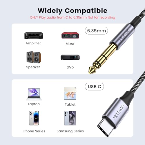 Image of MOSWAG Usb C To 6.35Mm Trs 2M Stereo Audio Cable Trs Stereo Jack Aux Trs Cable Type C To 6.35Mm For Amplifiers, Home Theater,Black