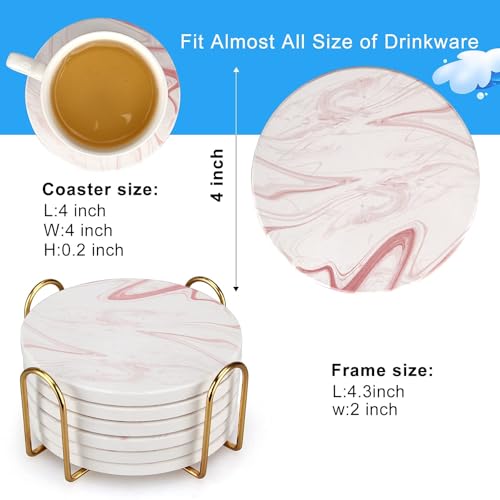 Image of 6 Pcs Cute Pink Marble Coasters for Beverages Absorbent Ceramic Cup Coasters with Holder Decorative Round Tea Cork Coasters Cool Bar Coaster Set Modern Coasters Table Drink Coasters