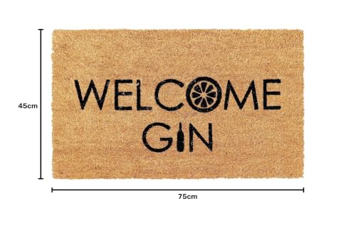 Image of Onlymat inchWelcome Gin Printed Doormat, Anti-Slip Coir with PVC Backing (75x45cm), Black /Brown - Rectangular Rug for Entryway, Outdoor, Home, Door, Floor, Hall & Living Room Use