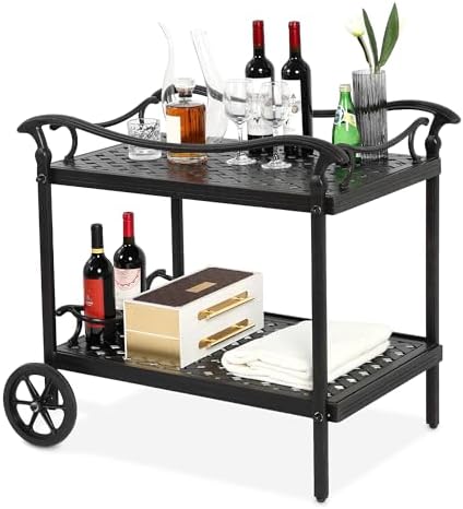 HOMEFUN Outdoor Cast Aluminium Serving Tea Cart with Wheels & Kitchen Storage Trolley for Garden, Backyard, Poolside