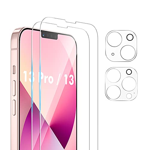2+2 Pack Goton Compatible with iPhone 13 & 13 Pro Front Glass Screen Protector Film, iPhone 13 Camera Lens Protector, iPhone 13 Pro Camera Lens Protector, 9H Hardness Case-friendly Anti-Scratch