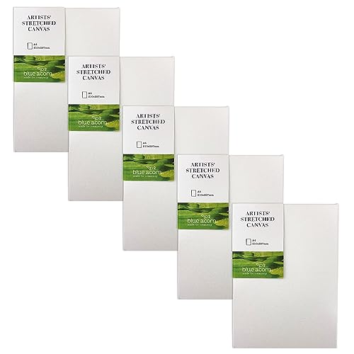 BLUE ACORN, 5 x A4 MDF 18mm Pre-Stretched Thin Edge Canvas, Triple Primed, Acid-Free