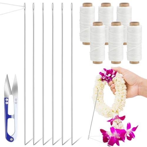Leriton 13 Pcs Lei Needle Kit 6 Pcs 14 Stainless Steel Long Needle Fot Hawaiian Leis 6 Twine 1 Sewing Scissors Making Kit for DIY Graduation Hawaiian Flower Wreath Craft Accessory