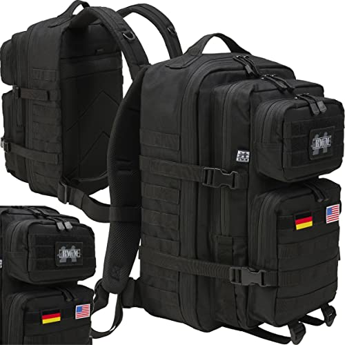 BWuM US Assault Pack Cooper Rucksack + Patch & Flaggen, Größe:Large (50L), Farbe:Schwarz