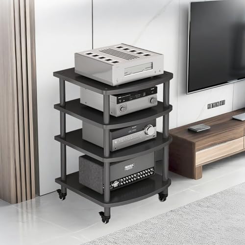 XEOKXOIT 4-Tier AV Media Stand, Audio Rack Tower Adjustable Height, TV Game Console Equipment Shelf, CD Record Player Stereo Component Rack Cabinet for Home Theater Studio (Black, with Wheels)
