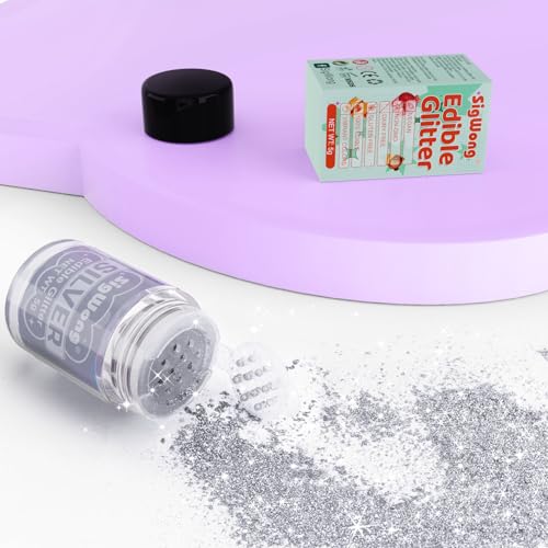 Silver Edible Glitter - 5g Food Grade Cake Decorating Shimmering Glitter, Edible Sprinkle Luster Dust for Drinks, Chocolates, Fondant, Strawberries, Cupcakes, Candy, Valentines Cookie - Vegan