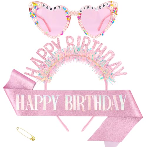 SuPoo Happy Birthday Decorations Birthday Girl Headband Sash Sunglasses Set