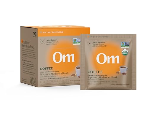 OM MUSHROOM SUPERFOOD Instant Coffe – Organic Arabica with Lion’s Mane, Cordyceps, Reishi, Turkey Tail – Supports Energy, Focus & Mental Clarity – Single Serve Pack (10 Count)