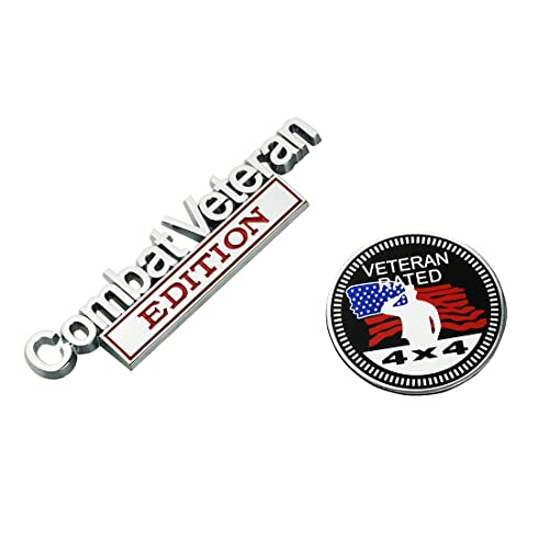 Image of Set of 2 Combat Veteran Edition & 4x4 Rated Metal Automotive Emblem 3D Decal Badge Nameplate for Universal car Truck (Chrome Red)