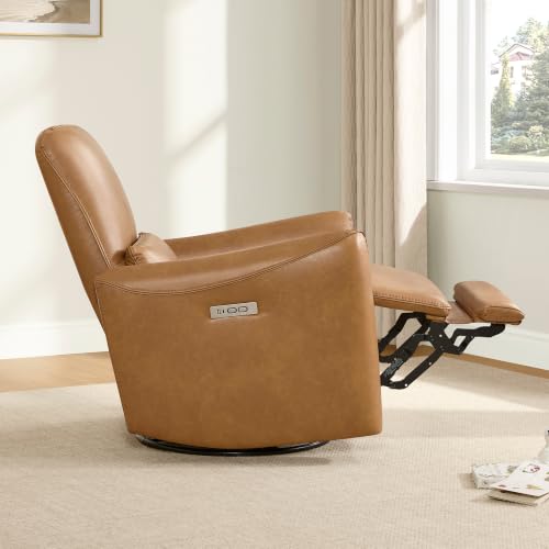 Image of CHITA Power Swivel Glider Recliner Chair, Tall-Wide, Cognac Brown | FSC Certified Upholstery Rocking Chair, Lumbar Support,Faux Leather Reclining Chair for Living Room / Nursery