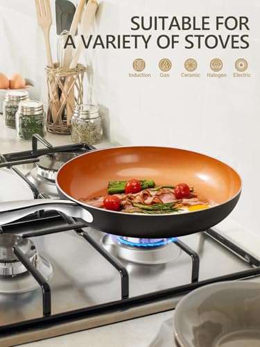 Image of Michelangelo 10 Inch Copper Nonstick Frying Pan with Lid, Ultra Nonstick Ceramic Interior, Induction Compatible, 2.75 Quarts