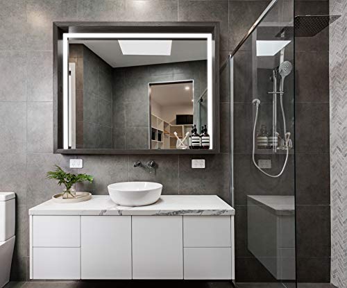 Artforma Modern Bathroom Mirror with LED light 800x1000 mm with Frame and Shelf | Selection of Demister Heat Pad/Bluetooth Speaker - Wall Mounted Illuminated Mirror - Cold White | Lucerne Elm