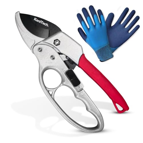 KaniTech Pruning Shears for Gardening with Gloves - Heavy Duty Garden Shears, Aluminum Hand Pruners with TPR Grip Handle, 8 inch 3.55mm Thick Blade - for Branches, Flowers & Plants (Red)