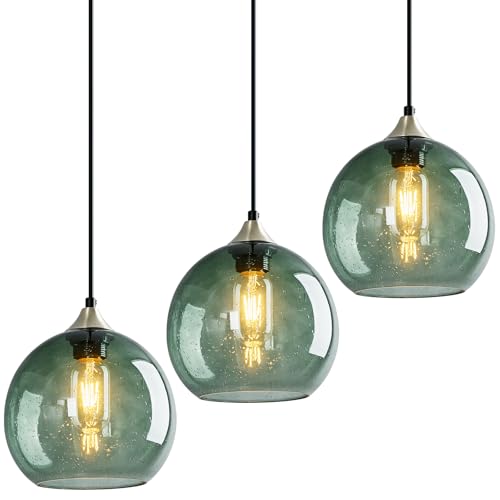 Image of Gray Green Glass Pendant Lights Kitchen Island Lighting Globe Pendant Light Fixtures Modern Pendant Lighting for Kitchen Island Bedroom Living Dining Room Light Fixture(7.87in, 3-Pack)