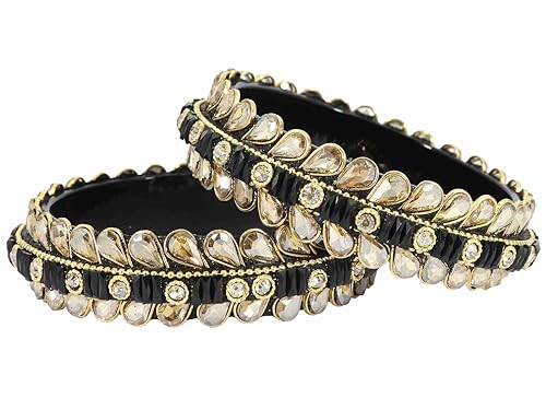 Image of NMII Glass Golden Zircon Stone & Kundan Beads Kada Set For Women & Girls | Fancy Design Kada Bangles | Traditional Look Kangan | Glass Bangles For Women Wedding, Party, Function, Daily use