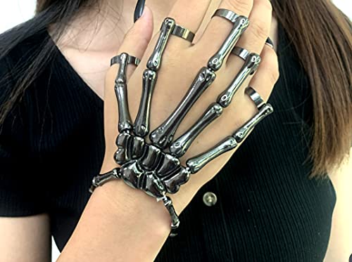 Image of LAKIYOYO 4pcs Halloween Skull Skeleton Hand Bracelet with Ring Punk Wristband Skull Fingers Hand Bracelet Skeleton Ring Hallowmas Gifts Jewelry