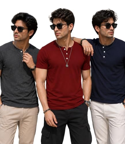 Image of London Hills T Shirt for Man | Men Henley Neck Tshirts | Tshirt Shirts Men | Gym T Shirts for Mens Workout T-Shirts for Man Cotton Stylish Henly Neck T Shirt Half Sleeve Regular Fit Solid Multicolour