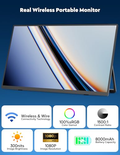 Image of KEEPTIME Wireless Portable Monitor with Battery 8000mAh, 15.6 inch 1080P IPS Travel Monitor, Support AirPlay Miracast, with Stand /Bag, Second Screen for Laptop, PC, Phone