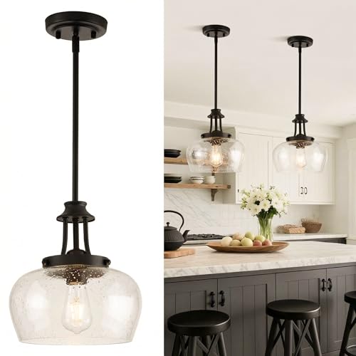 Image of Modern Pendant Lights Kitchen Island, Matte Black Pendant Light Fixtures with 10 inch Clear Air Bubble Glass Shade, Industrial Hanging Pendant Lights Fixture for Kitchen Island Dining Room Entryway