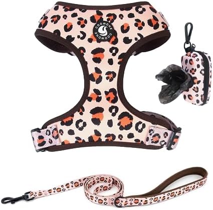 Coowone Dog Harness and Leash Set with Poop Bag Dispenser -Soft Mesh Adjustable and No Pull Dog Harness for Small Medium Large Dogs (XS (Neck 7.87-10.25″; Chest 9.85″-13.5″), OrangeLeopard)