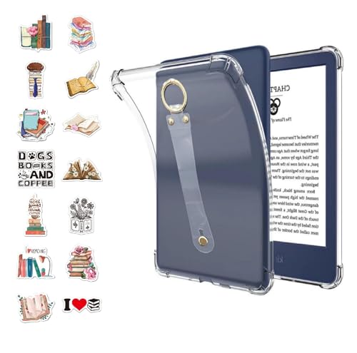 Nasdafong Hand-Strap Clear Case With 50 Sticker(Read More Book Pattern) For 6.8 Inch Kindle Paperwhite 11Th Gen 2021 & Signature Edition Thin Slim Lightweight Scratch Proof Silicone Rubber Tpu Cover cover