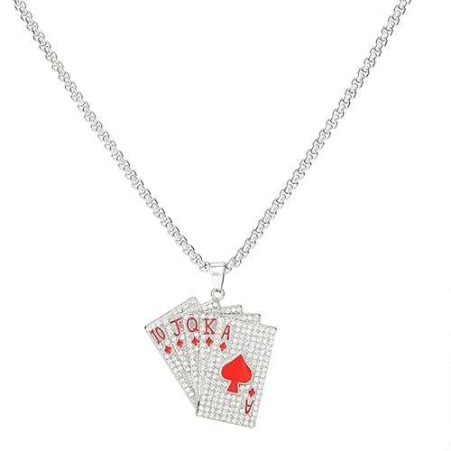 Playing Card Poker CZ Pendant Necklace for Women Men Stainless Steel Punk Good Luck Ace of Spade Heart Royal Flush Games Chic Rhinestone Necklace Unisex Rock Fashion Jewelry Gifts (Silver red)