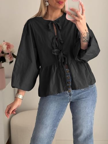 Tankaneo Womens Tie Front Tops Blouses Long Puff Sleeve Peplum Babydoll Bow Shirt Summer Coquette Tops2