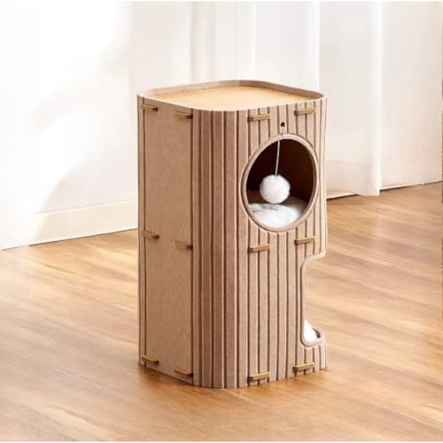 MsiDtsoy 多段式猫用フェルトハウス キャットタワー 猫用マット付き 多段式 猫ベッド&爪とぎ3in1 スリム省スペース 軽量移動式 人気 おしゃれ 展望台 ポンポンおもちゃ付き 多頭飼い対応 (2階,ブラウン)