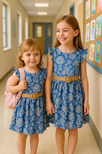 PATPAT Little Big Girls Dress Vintage Boho Floral Ruffle Short Sleeve Casual Swing Dress with Braided Belt2