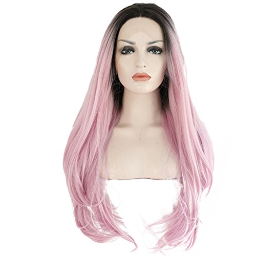 Ebingoo Side Part Pink Ombre Dark Roots Straight Synthetic Lace Front Wig 24inch
