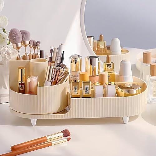 Image of Kesi Rotating Makeup Organizer For Vanity, Large Capacity for Cosmetics 360 Rotating Bathroom Organizer, Cosmetic Perfume Storage Organizer for Dressing Table Countertop Makeup Room (Off White)