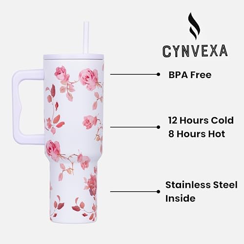 Image of Tumbler with lid and Straw 1200ML Cup Stainless Steel Vacuum Insulated Tumbler for Water, Iced Tea or Coffee 1.2L Office Gym Travelling (White Rose)
