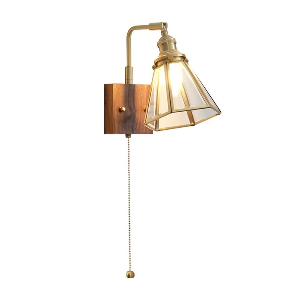 Applique da Parete in Ottone Vintage, Lampada da Parete in Noce con Interruttore a Catena, lampade da Parete in Vetro Regolabili a 180°, Attacco E27 per corridoio da Comodino in Camera da Letto