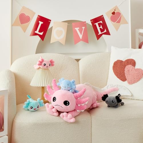 Image of MaoGoLan Pink Axolotl Stuffed Animal with Babies Inside, 31.5 inch, 5Pcs | Glow in The Dark Axolotl Plush Toy Set, Axolotl Stuffy Salamander Body Pillow, Girl Boy Kid Birthday Gift Baby Shower Decor